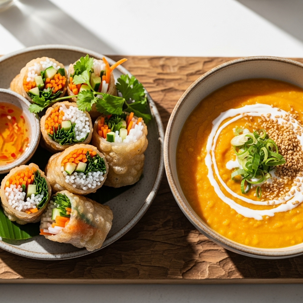 Vegetarian Vietnamese Breakfast Delight: Crispy Rice Paper Rolls and Sweet Potato Porridge