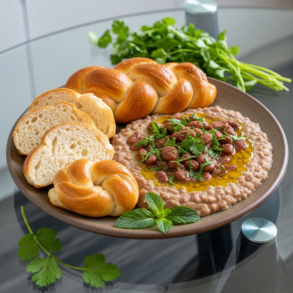 Delectable Egyptian Vegetarian Breakfast Platter: Ful Medames & Zhanguene Bread