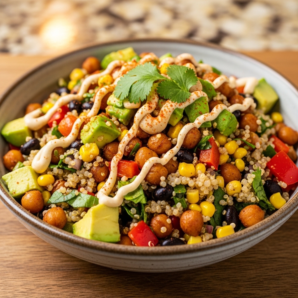 Delightful Vegan Tex-Mex Snack: Spicy Roasted Chickpea & Quinoa Salad Bowl