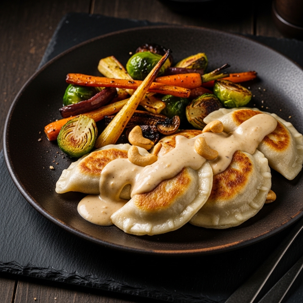 Vegan Polish Dinner: Mushroom Stuffed Pierogi with Creamy Cashew Gravy and Roasted Vegetable Medley