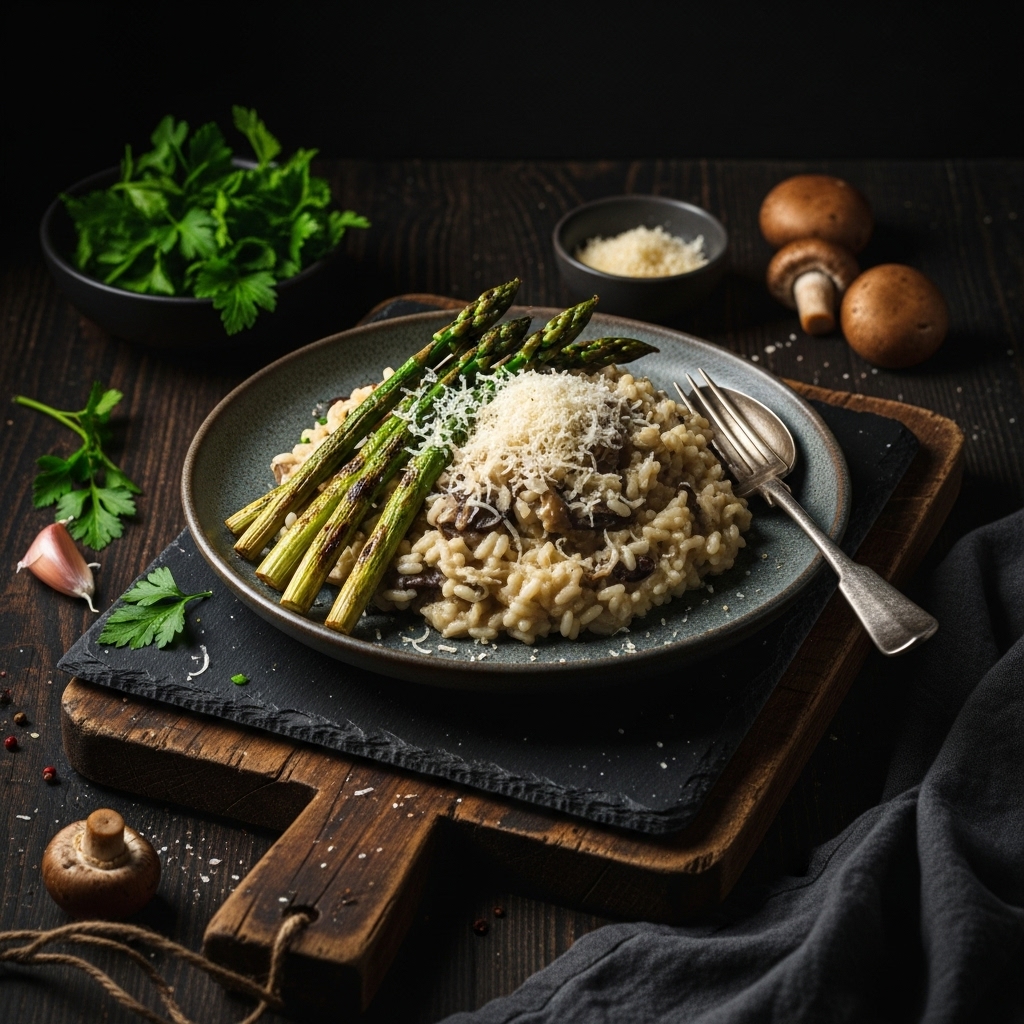 Amaranth Risotto Creamy Wild Mushroom Risotto with Roasted Asparagus and Vegan Parmesan ...