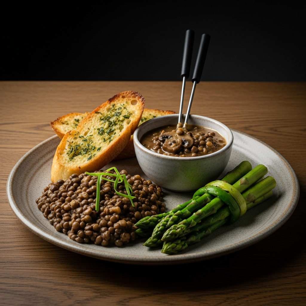 Vegan French Fondue Feast: Rich Lentil Mushroom Sauce Served with Crispy Garlic Herb Bread & Asparagus Bundles