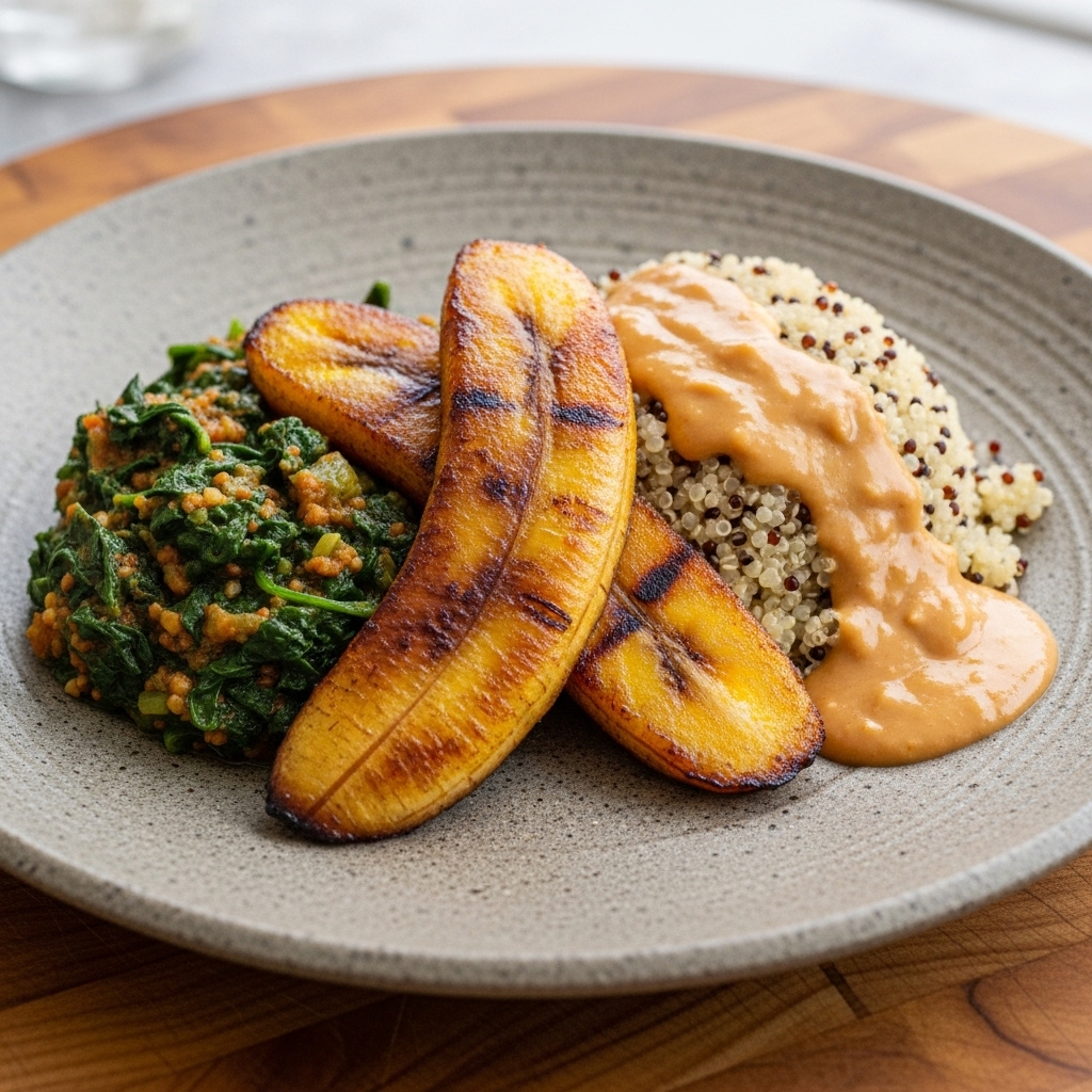 Sensational Ghanaian Vegetarian Lunch: Grilled Plantain & Spinach Stew with Quinoa and Peanut Sauce