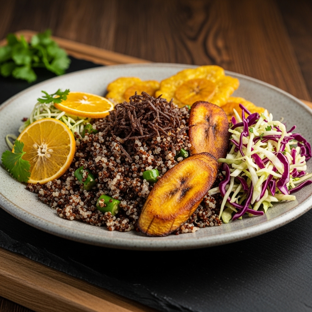 Delightful Nigerian Vegetarian Mélange: Scrumptious Suya-Spiced Quinoa Salad with Roasted Plantains and Citrus-Herb Slaw