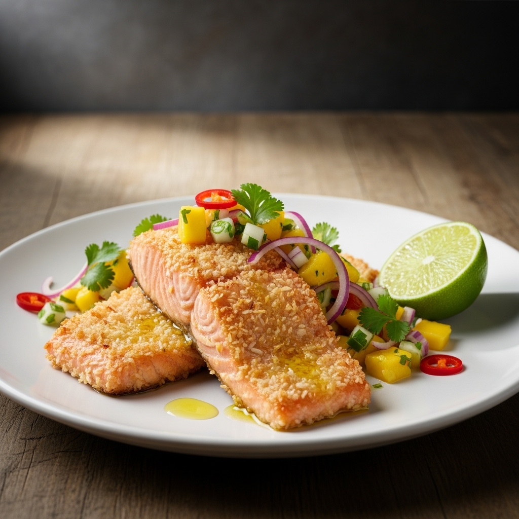 Keto Coconut Crusted Salmon Steaks with Spicy Mango Salsa