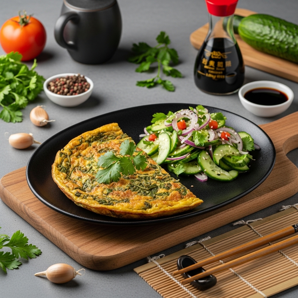 Elegant Keto-Friendly Persian Breakfast Platter: Aromatic Herbed Frittata with Fresh Herbs and Crunchy Cucumber Salad