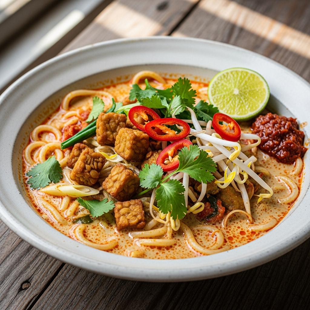 Malaysian Vegan Laksa with Coconut Noodle Soup & Crunchy Tempeh Bites