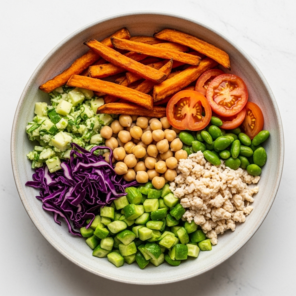 Delightful Vegan Chickpea Salad Bowl with Sweet Potato Fries – A Perfect Balance of Flavors and Textures