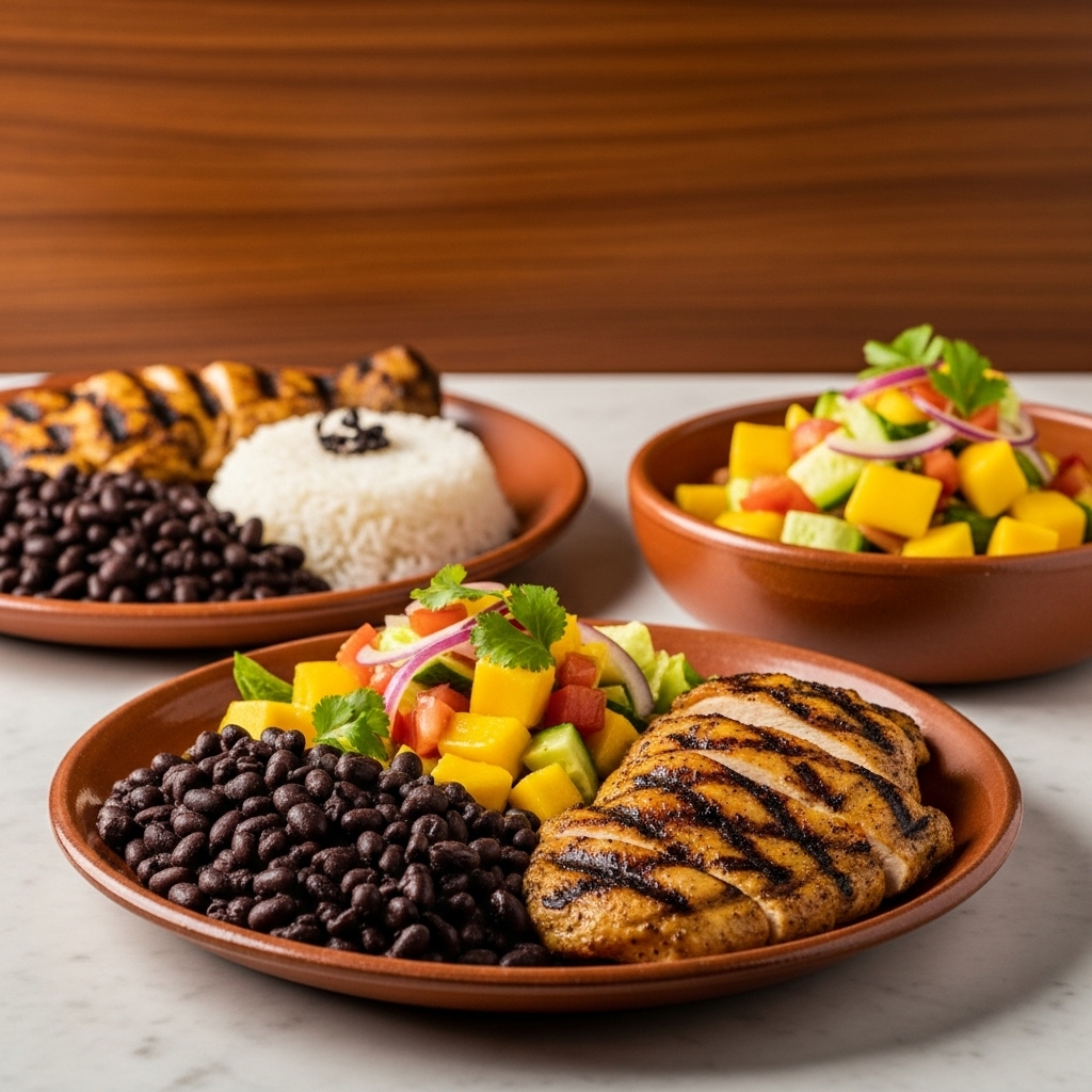 Delicious Cuban Dinner for Two: Grilled Mojo Chicken, Black Beans and Rice, and Tropical Mango Salad