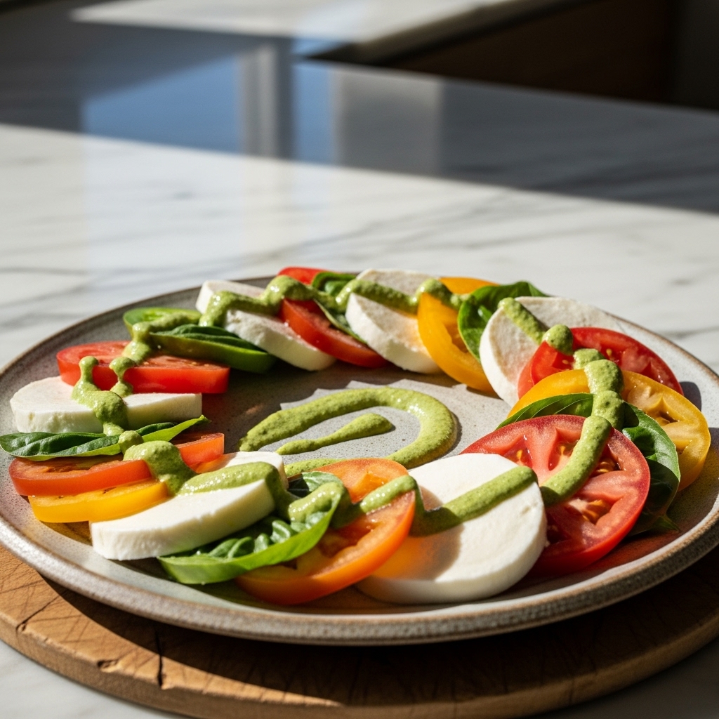 Elegant Vegan Italian Caprese Salad with Basil-Cashew Cream