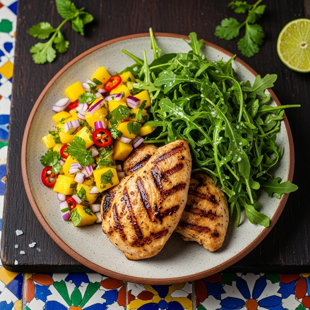 Coconut Lime Grilled Chicken with Spicy Mango Salsa and Rocket Salad (Paleo)
