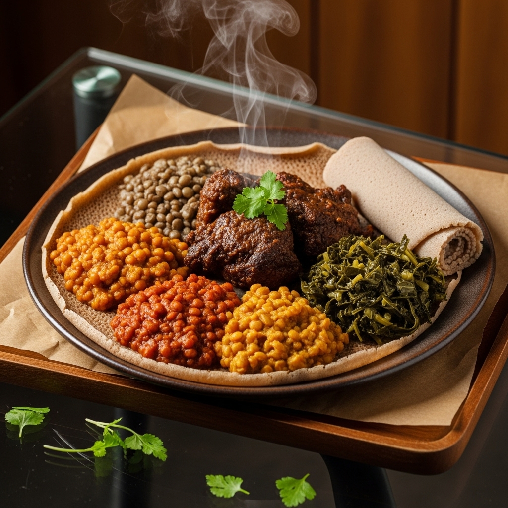 Ethiopian Vegetarian Sampler: Lentil Stew, Shiro, Collard Greens & Injera | Delightful Aromas and Mouthwatering Flavors