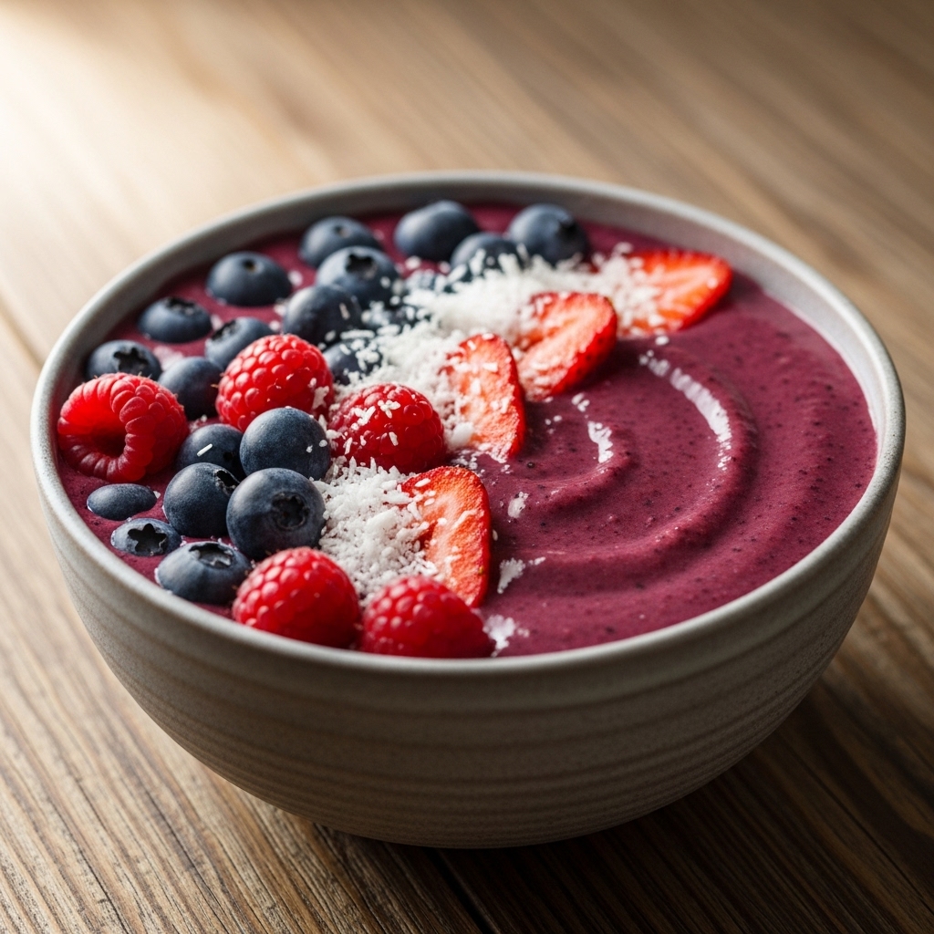 Vibrant Nordic Smoothie Bowl with Fresh Berries & Coconut Topping
