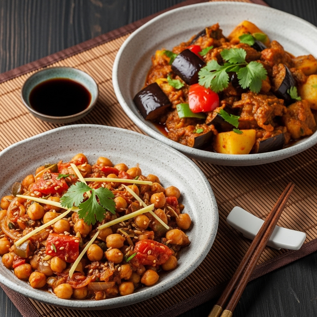 Indian Vegan Feast: Tempting Chickpea Curry and Spiced Eggplant Stew