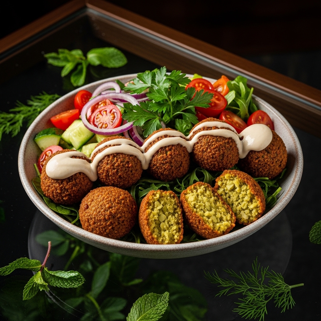 Israeli Vegan Falafel Bowl with Tahini Dressing & Fresh Salad
