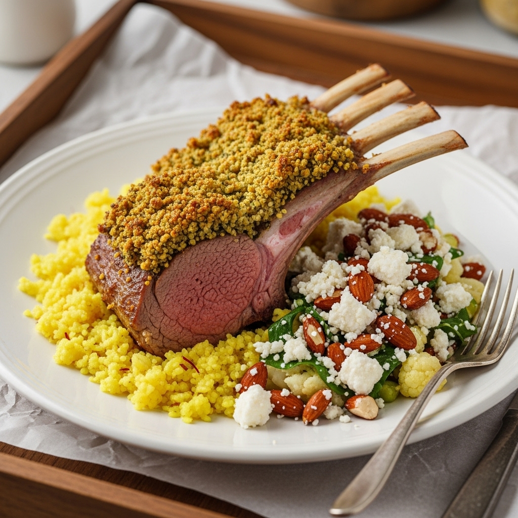 Persian Herb-Crusted Rack of Lamb with Saffron Cauliflower Rice and Almond Feta Salad (Paleo-friendly)