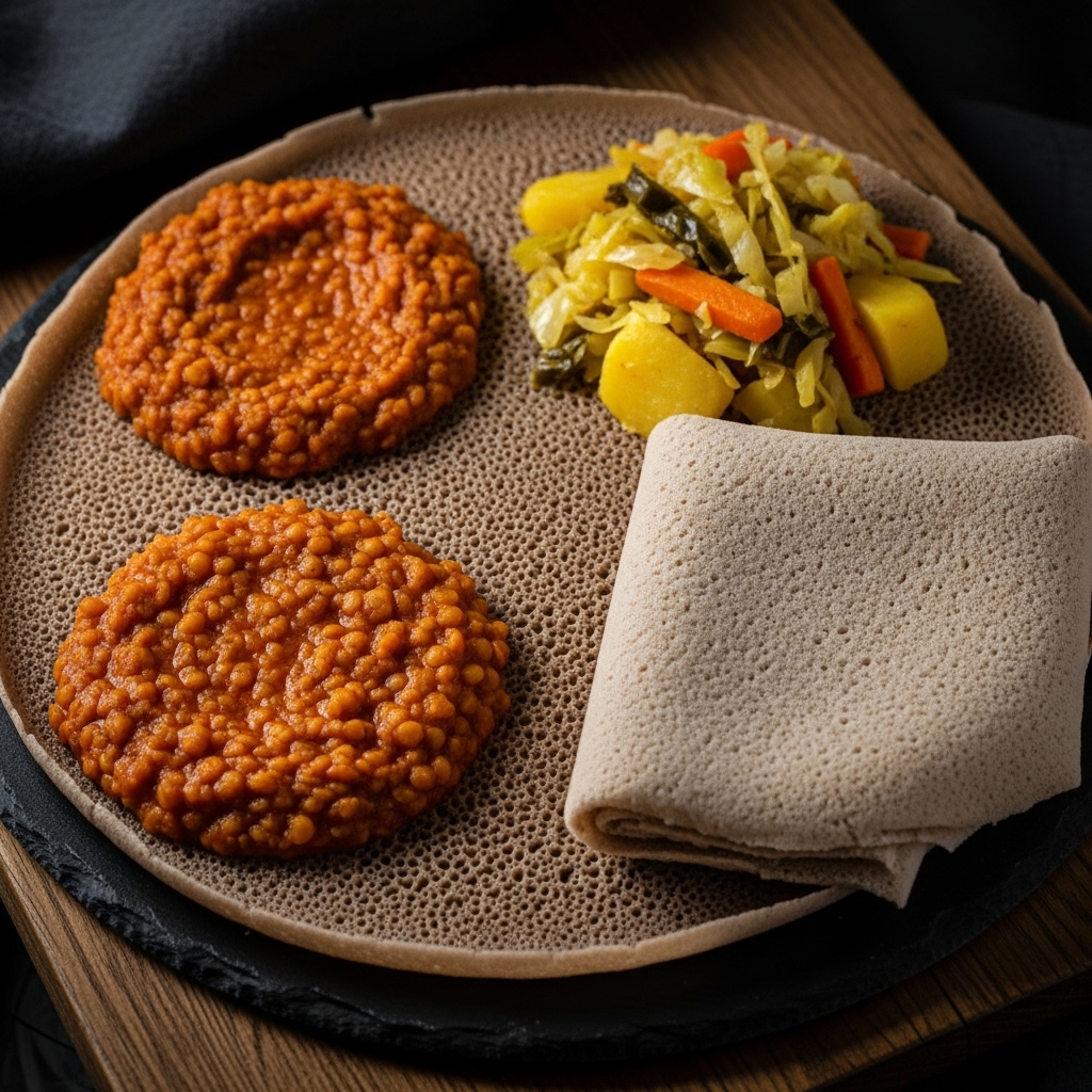 Ethiopian Vegetarian Platter: Lentil Stew, Injera & Atkilt Wot – A Healthy & Flavorful Feast!