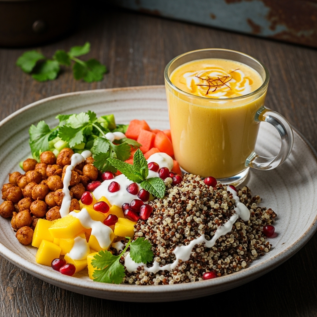 Vibrant Indian Quinoa Bowl with Mango Lassi Smoothie