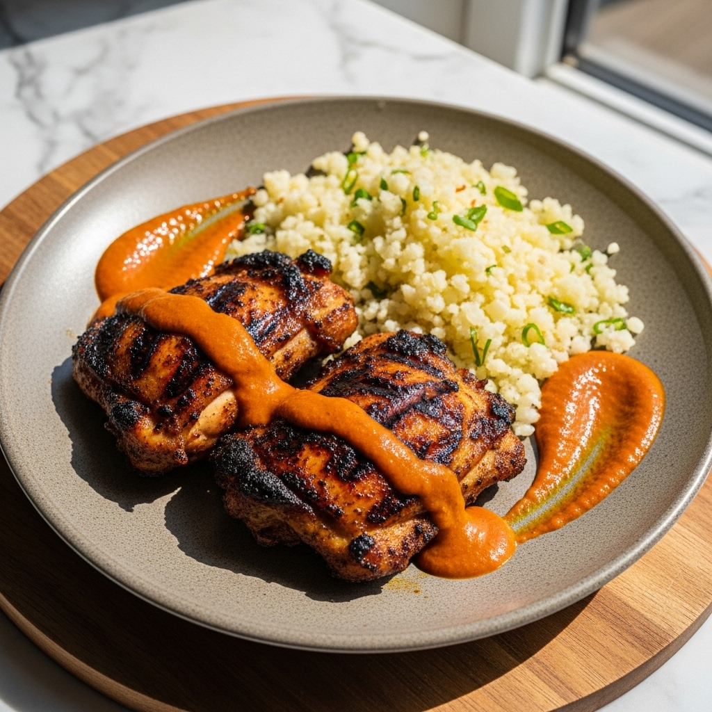 Keto Nigerian Suya Chicken Thighs with Cauliflower Rice and Spicy Kachikwu Sauce