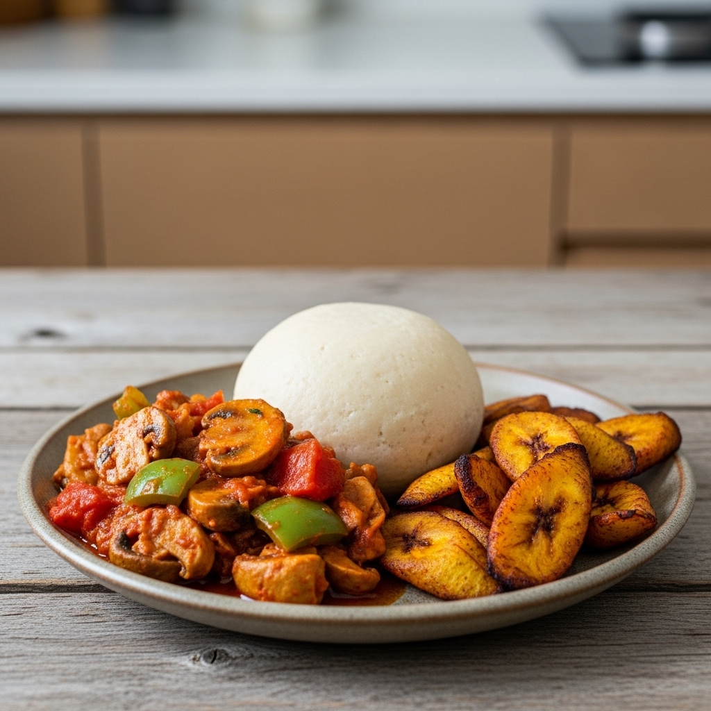 Ghanaian Breakfast: A Vegan Twist on Traditional Fufu, Tilapia Stew, and Kelewele