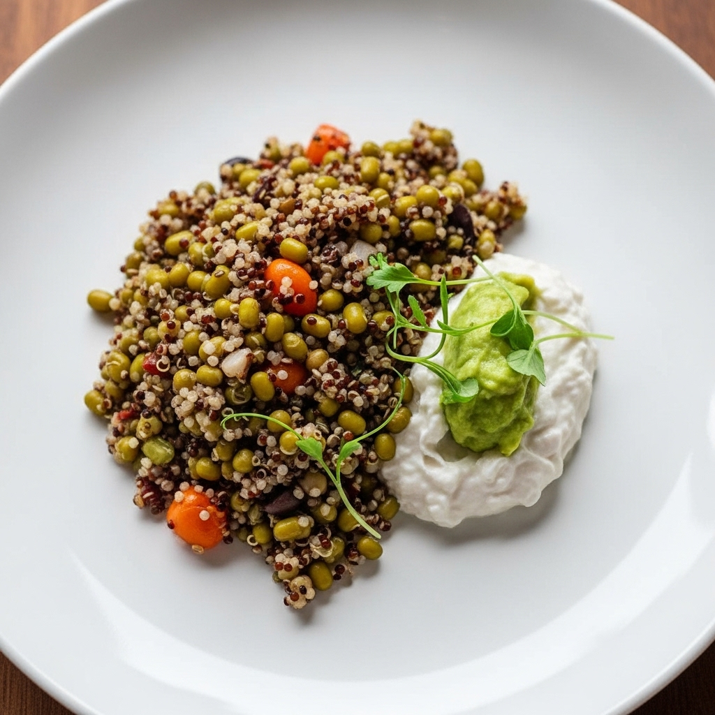 Exquisite Vegan Kenyan Brunch: Mung Bean and Vegetable Quinoa Pilaf with Coconut-Avocado Spread