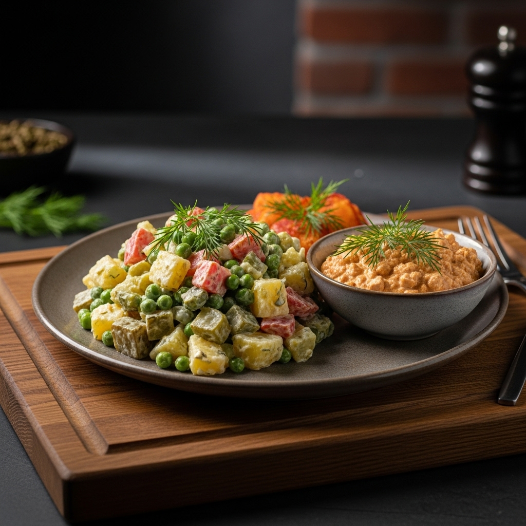 Delectable Vegan Russian Lunch Feast: Hearty Vegetable Potato Salad & Creamy Tofu Dill Sauce