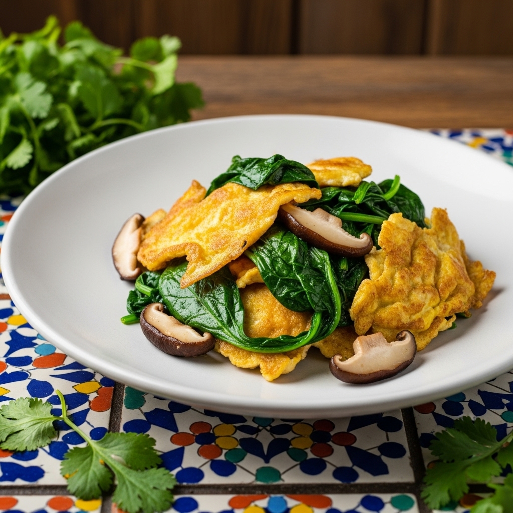 Crispy Scrambled Eggs and Sautéed Spinach with Shiitake Mushrooms Chinese Breakfast Bowl