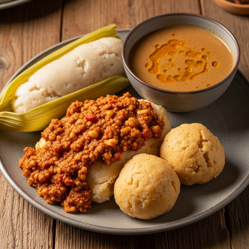 Succulent Gluten-Free Fufu Balls Served with Spicy Groundnut Stew (Kenkey and Groundnut Soup)