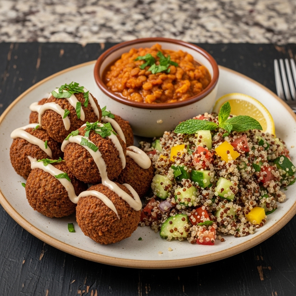 Mouthwatering Vegan Turkish Dinner: Falafel, Lentil Stew & Quinoa Salad