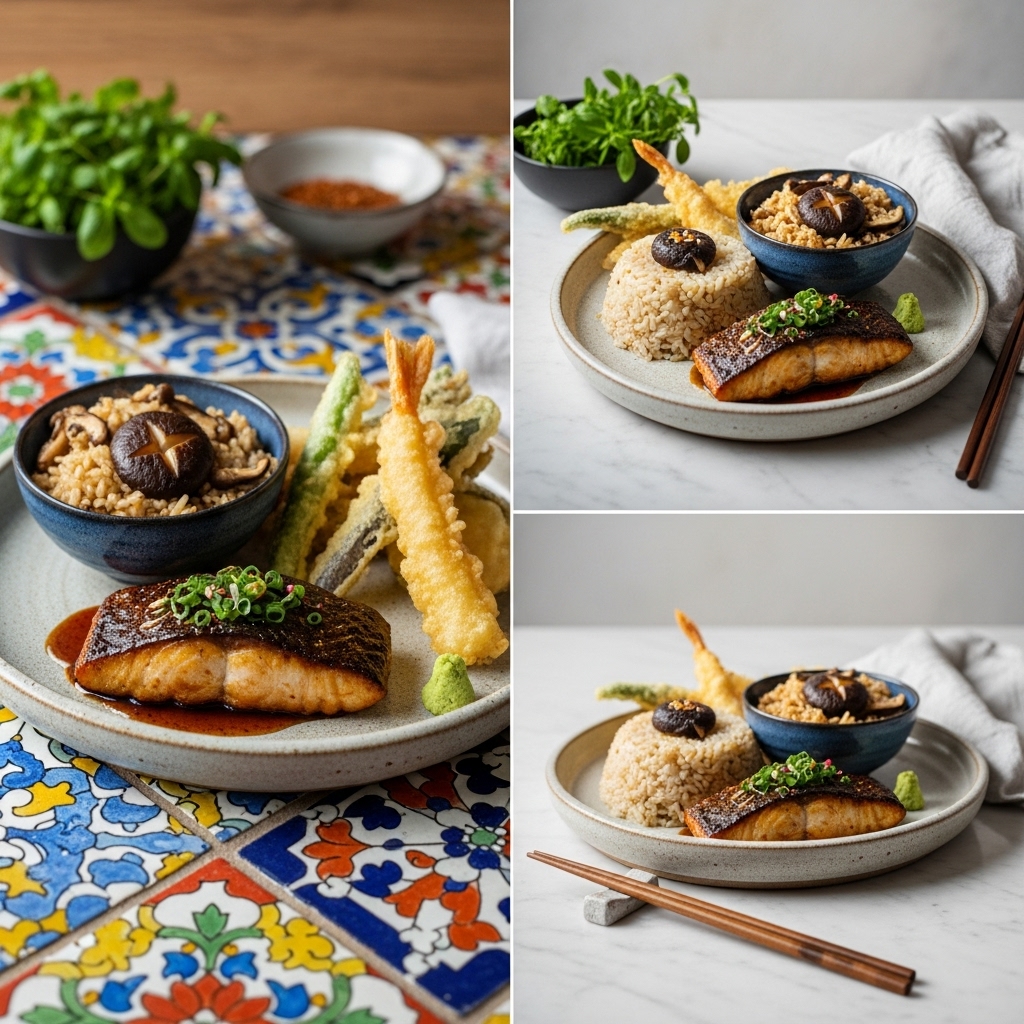 Exquisite Gluten-Free Japanese Dinner Feast: Delectable Miso-Marinated Black Cod, Umami-Rich Shiitake Mushroom Rice Bowl & Crisp Vegetable Tempura