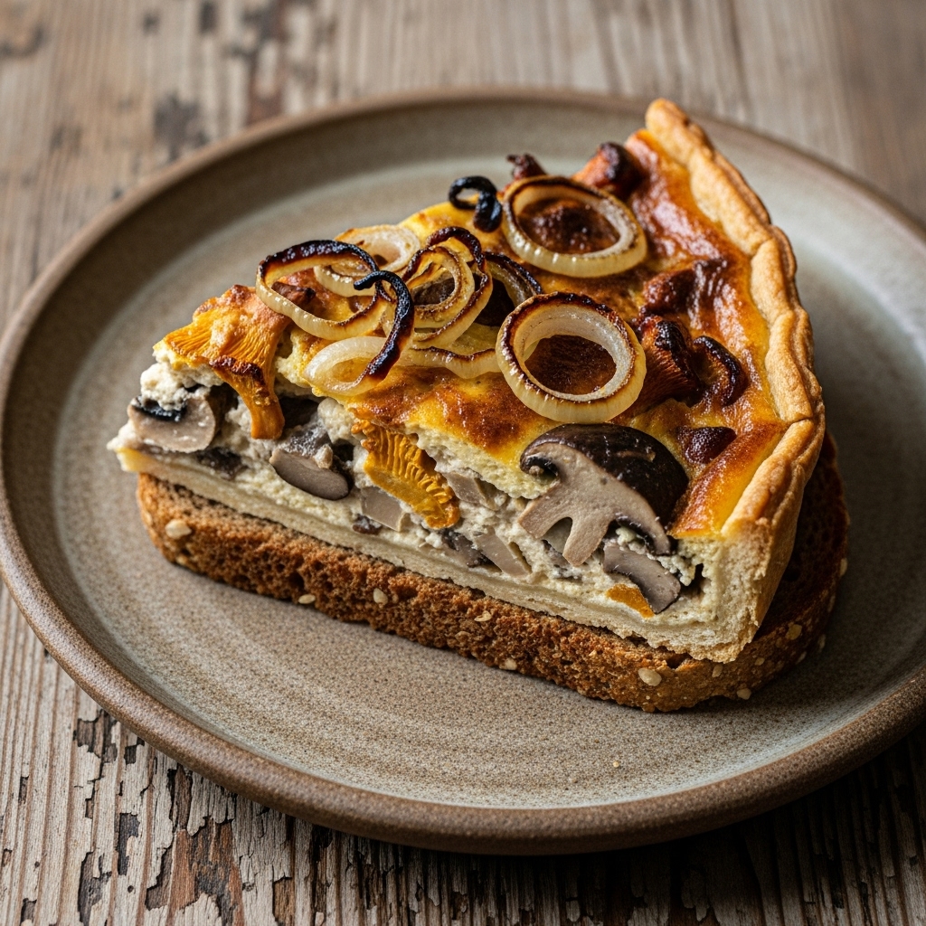 Polish Vegetarian Brunch: Mushroom Quiche with Caramelized Onion on Rye Bread