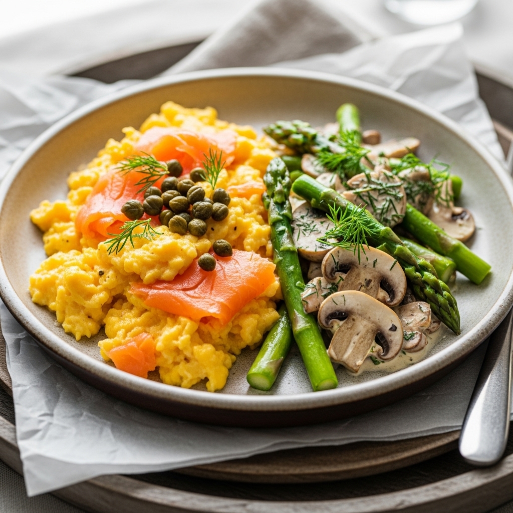 Keto-Friendly Nordic Brunch Medley: Smoked Salmon Scramble with Creamy Asparagus and Mushroom Sauté