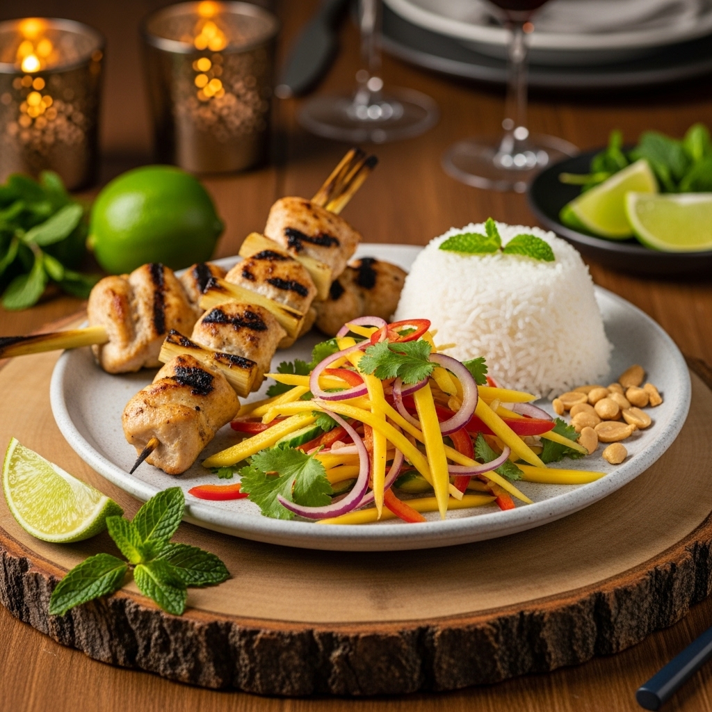 Vietnamese Gluten-Free Lunch: Lemongrass Chicken Skewers with Mango Salad & Coconut Rice