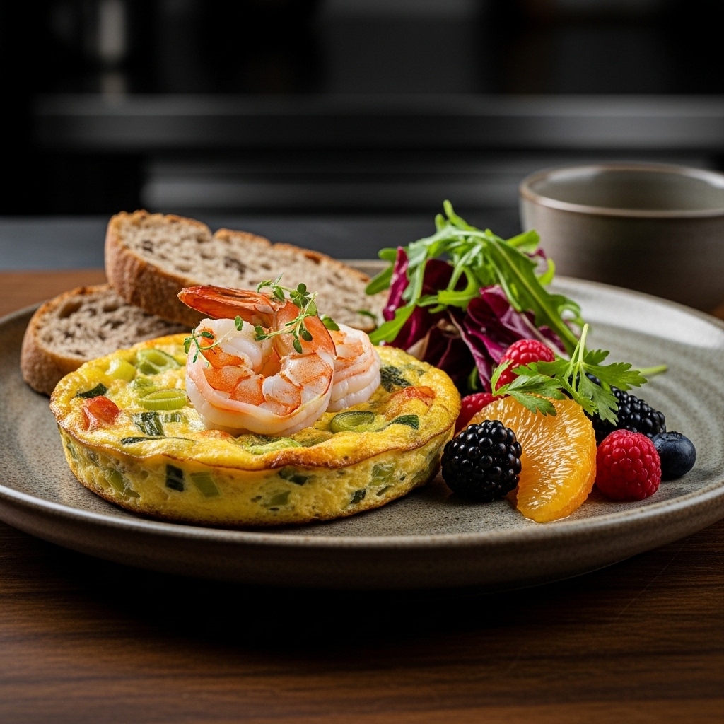 Indulgent Gluten-Free French Brunch: Creamy Shrimp and Leek Frittata with Paleo Bread and Citrus Berry Salad