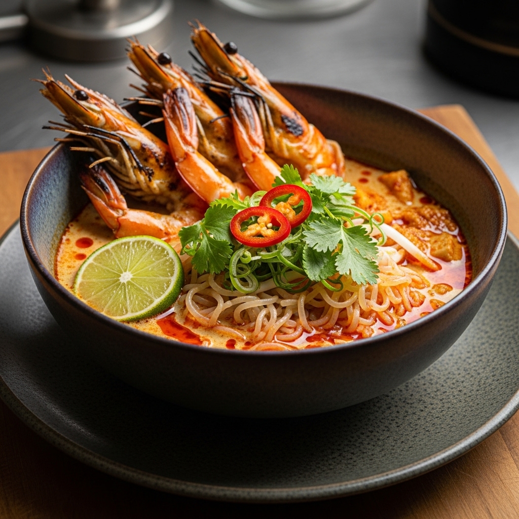 Malaysian Keto Laksa Noodle Bowl with Spicy Coconut Broth and Grilled Prawns